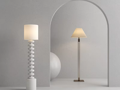 Two Modern Floor Lamps with Spiral White Base Sleek Metal Stand Beige Lampshade Grey Wall 3d model