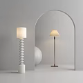 Two Modern Floor Lamps with Spiral White Base Sleek Metal Stand Beige Lampshade Grey Wall