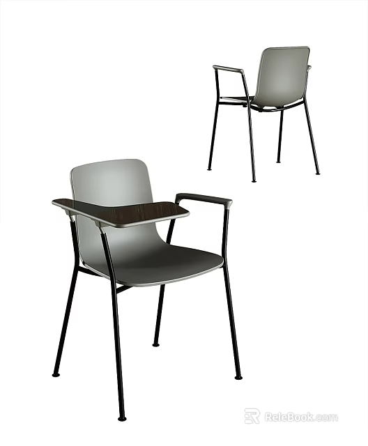 Modern Gray Office Chair With Plastic Seat Back Black Metal Legs Armrests And Writing Tablet 3d model 