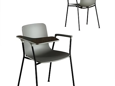 Modern Gray Office Chair With Plastic Seat Back Black Metal Legs Armrests And Writing Tablet 3d model