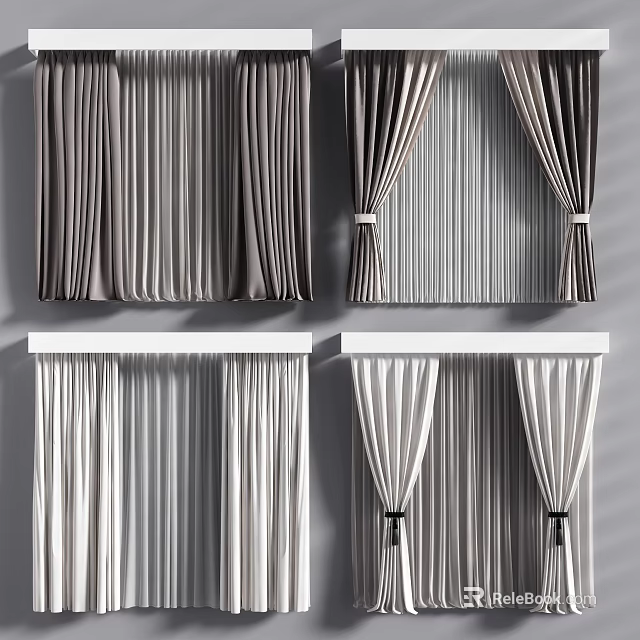 Stylish Gray And White Striped Curtains With Pleated Design And Tied Accents 3d model 