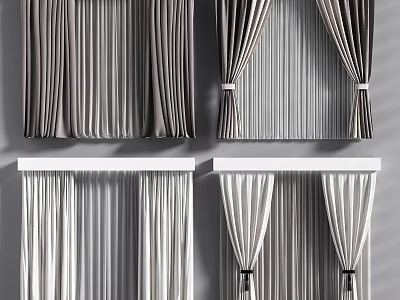 Stylish Gray And White Striped Curtains With Pleated Design And Tied Accents 3d model