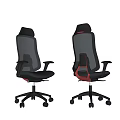 Modern Black Office Chair Featuring Red Structural Backrest And Wheeled Armrest Base 3d model