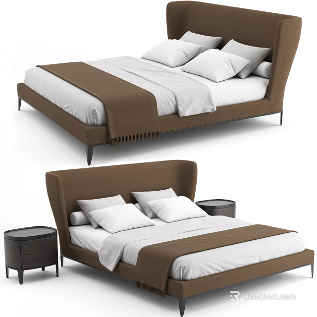 Modern Double Bed With Brown Headboard White Bedding Pillows And Nightstand 3d model