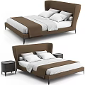 Modern Double Bed With Brown Headboard White Bedding Pillows And Nightstand 3d model