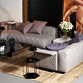 Modern Gray Sofa Coffee Table Set With Decorative Pillows Rug Horse Wall Art Flower Vase