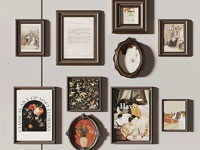 Gallery Wall With Various Framed Artworks Different Shapes And Decorative Prints 3d model