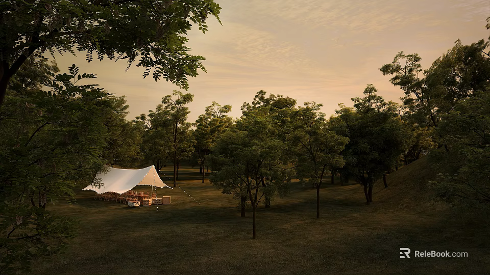 Serene Garden Landscape with White Tent Green Trees Grassland and Sunset Sky 3d model 