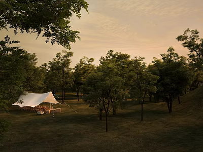Serene Garden Landscape with White Tent Green Trees Grassland and Sunset Sky 3d model