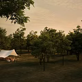 Serene Garden Landscape with White Tent Green Trees Grassland and Sunset Sky