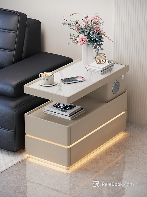 Modern Luxury Multifunctional Side Table With Rock Slab Top Built In Speaker And LED Lighting 3d model 