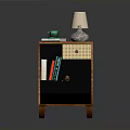 Wooden Side Cabinet With Green Geometric Pattern Door Woven Detail And Table Lamp