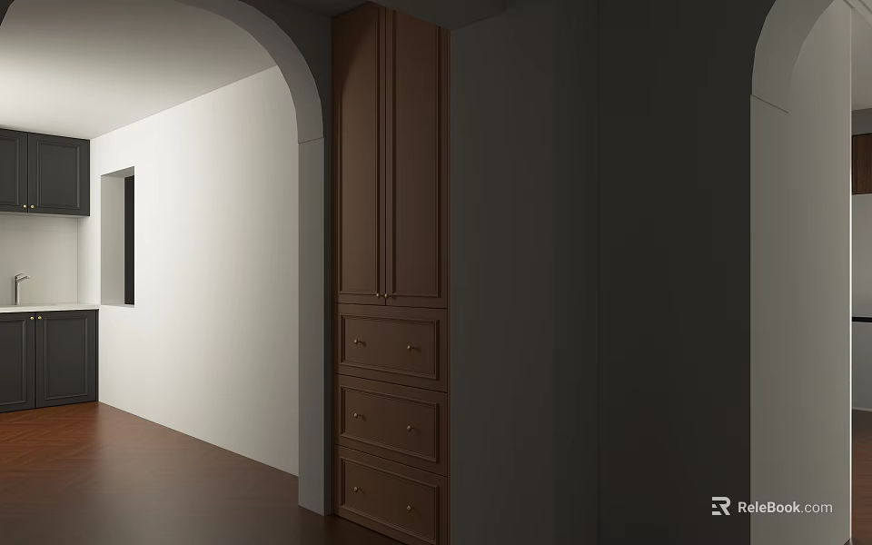 Brown Wooden Storage Cabinet With Drawers And Doors In Arched Interior Space 3d model 