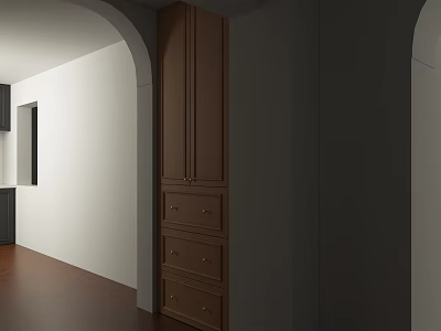 Brown Wooden Storage Cabinet With Drawers And Doors In Arched Interior Space 3d model