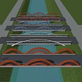 Multiple Arched Landscape Bridges With Red Blue White Design Over Green Lawn And Water Area
