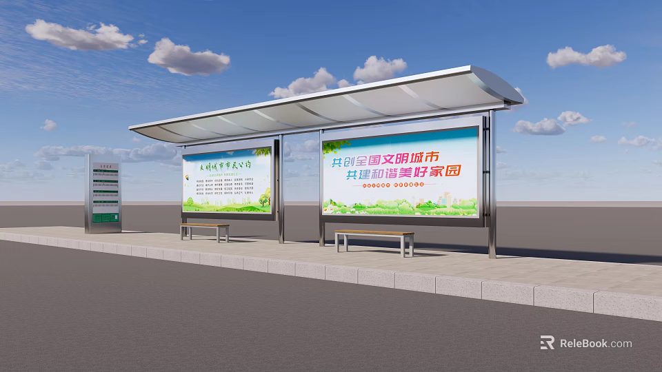 Modern Bus Stop Shelter with Billboards Bench and Blue Sky for Public Transport 3d model 