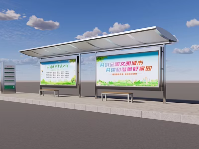 Modern Bus Stop Shelter with Billboards Bench and Blue Sky for Public Transport 3d model