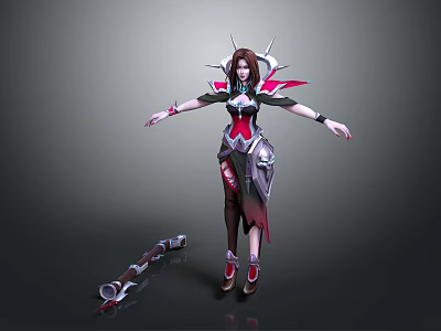 Woman In Red And Black Armored Costume With Intricate Headdress Arms Outstretched Near Weapon 3d model