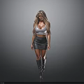 Woman with long blonde hair in silver top skirt and knee-high boots on gray background