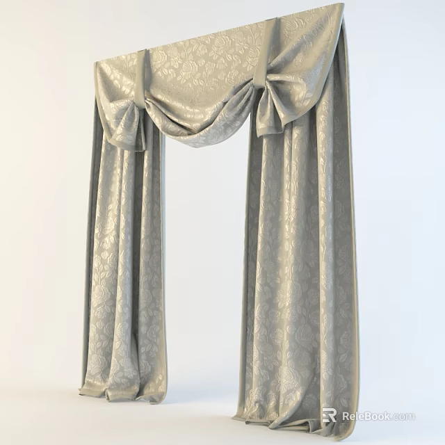 Elegant Gray Patterned Curtains with Bowknot Top and Decorative Design 3d model