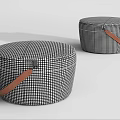 Round Black and White Houndstooth Fabric Sofa Stool With Brown Leather Handle 3d model