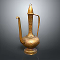 Elegant Golden Teapot With Intricate Carvings Curved Spout And Decorative Base