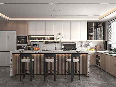 Modern Kitchen Interior Design With Island Counter Cabinets Appliances And Stools 3d model
