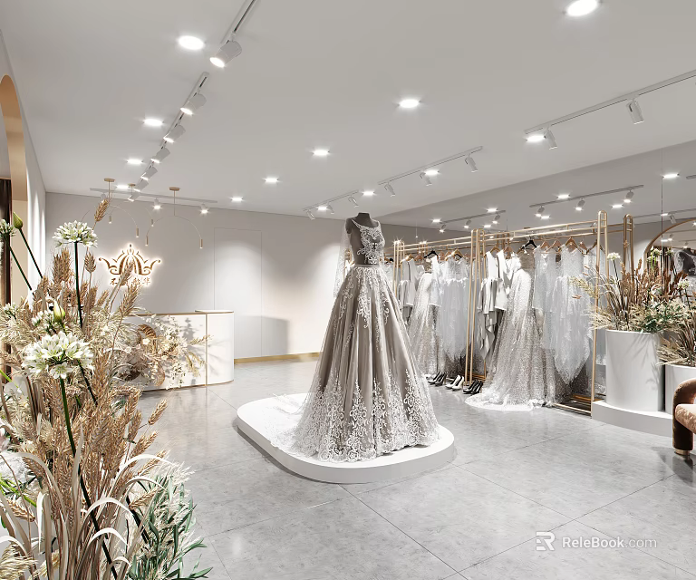 Elegant Bridal Shop with Grey Lace Wedding Dress on Display Platform and Hanging Bridal Gowns 3d model 