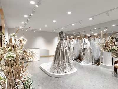 Elegant Bridal Shop with Grey Lace Wedding Dress on Display Platform and Hanging Bridal Gowns 3d model