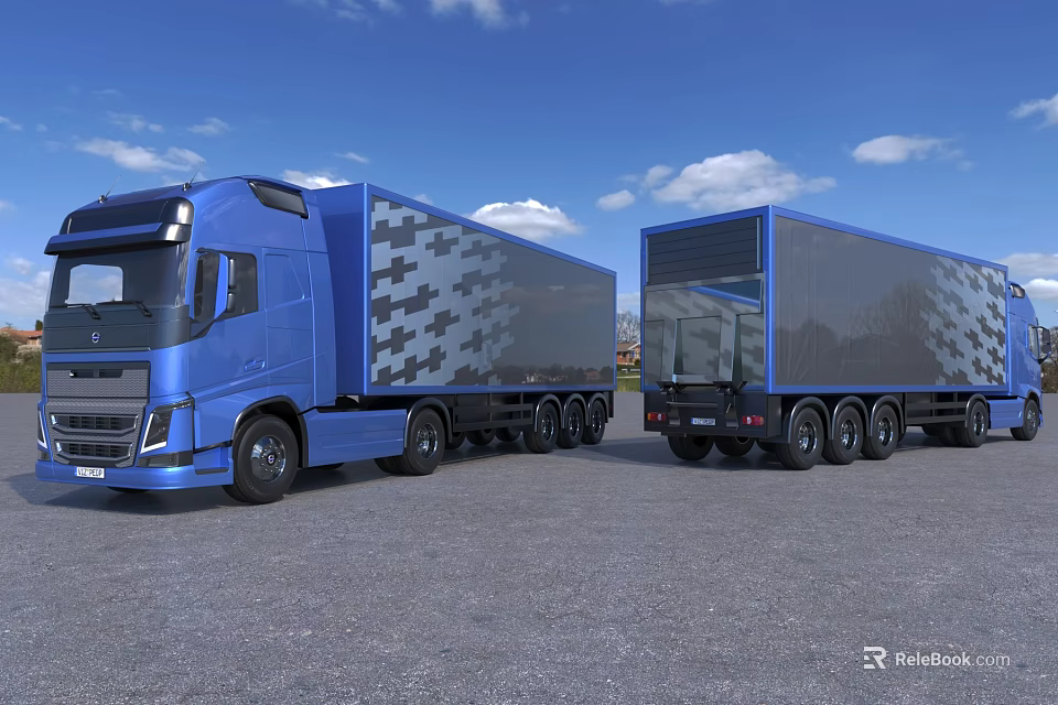 Blue Freight Trucks With Cargo Trailers Parked On Open Ground Blue Sky White Clouds 3d model 