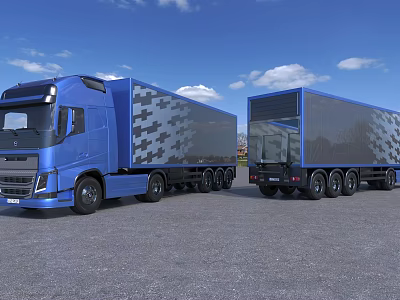 Blue Freight Trucks With Cargo Trailers Parked On Open Ground Blue Sky White Clouds 3d model