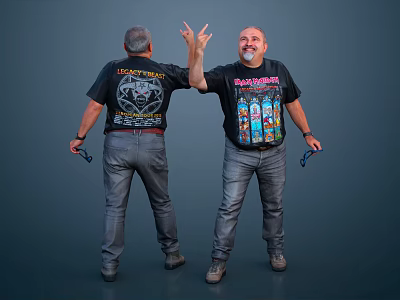 Two Men Wearing Black Iron Maiden And Rainbow T-Shirts Making Devil Horn Gesture Holding Sunglasses 3d model