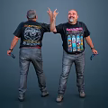 Two Men Wearing Black Iron Maiden And Rainbow T-Shirts Making Devil Horn Gesture Holding Sunglasses
