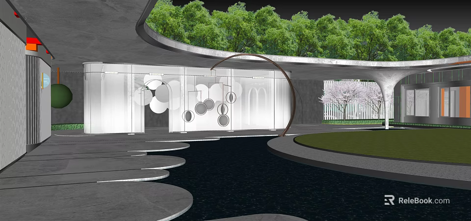 Modern Garden Landscape With Water Pool Circular Stepping Stones Curved Structure And Cherry Blossom Tree 3d model 