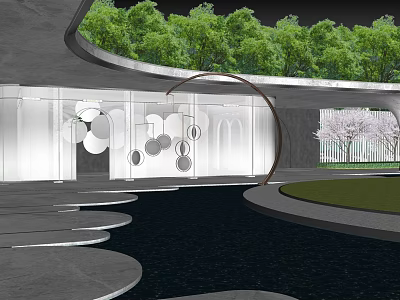 Modern Garden Landscape With Water Pool Circular Stepping Stones Curved Structure And Cherry Blossom Tree 3d model
