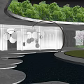Modern Garden Landscape With Water Pool Circular Stepping Stones Curved Structure And Cherry Blossom Tree