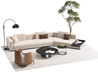Modern Beige L Shaped Sofa Coffee Table Set With Brown Cushions Green Plant And Floor Lamp 3d model