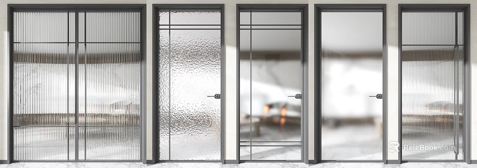 Modern Glass Doors With Frosted And Clear Panels Metal Frames And Handles 3d model 