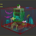 Underwater Scene Structure With Green Roof House Red Boat Manta Rays Purple Fish And Rocks