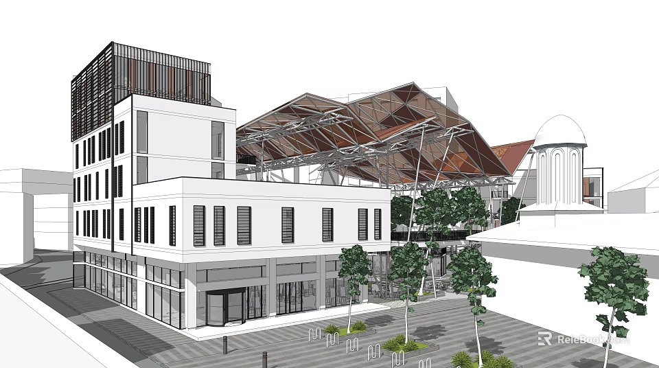 Modern Commercial Complex With Contemporary Architecture Metal Roof And Plaza Green Trees 3d model 