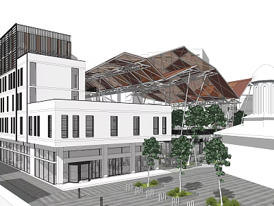 Modern Commercial Complex With Contemporary Architecture Metal Roof And Plaza Green Trees 3d model