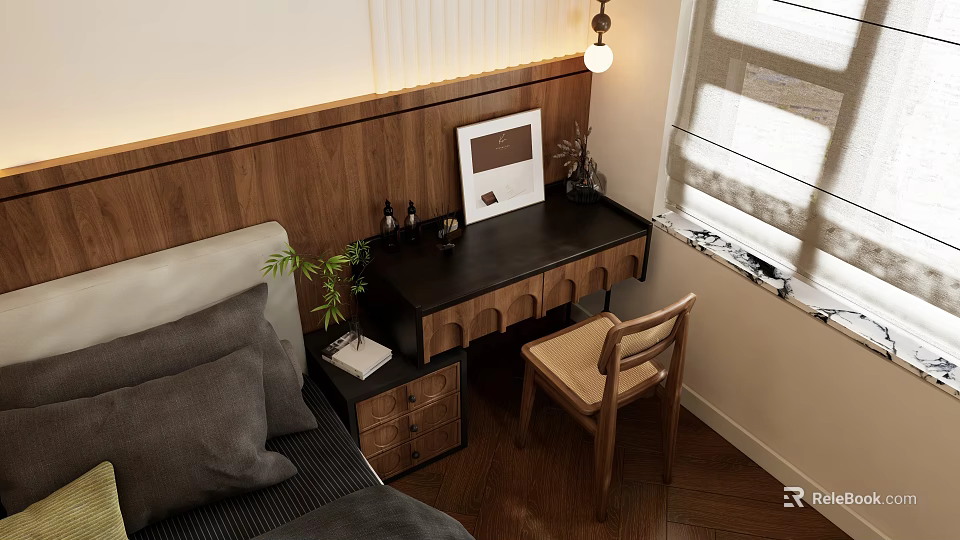 Modern Wooden Dressing Table With Chair Mirror Small Plant And Pendant Lamp Near Window 3d model 