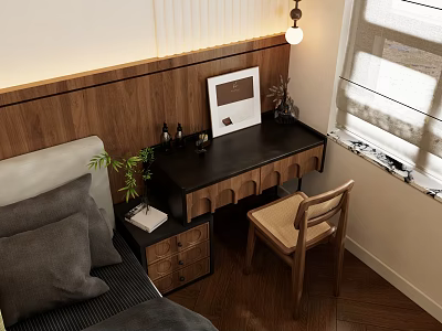 Modern Wooden Dressing Table With Chair Mirror Small Plant And Pendant Lamp Near Window 3d model