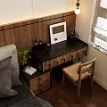 Modern Wooden Dressing Table With Chair Mirror Small Plant And Pendant Lamp Near Window