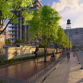 Modern Building Facade With Green Trees Pedestrian Walkway And Urban Street View