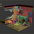 Cartoon Laundry Room Scene With Orange Wooden Walls Green Washing Machine And Orange Chairs