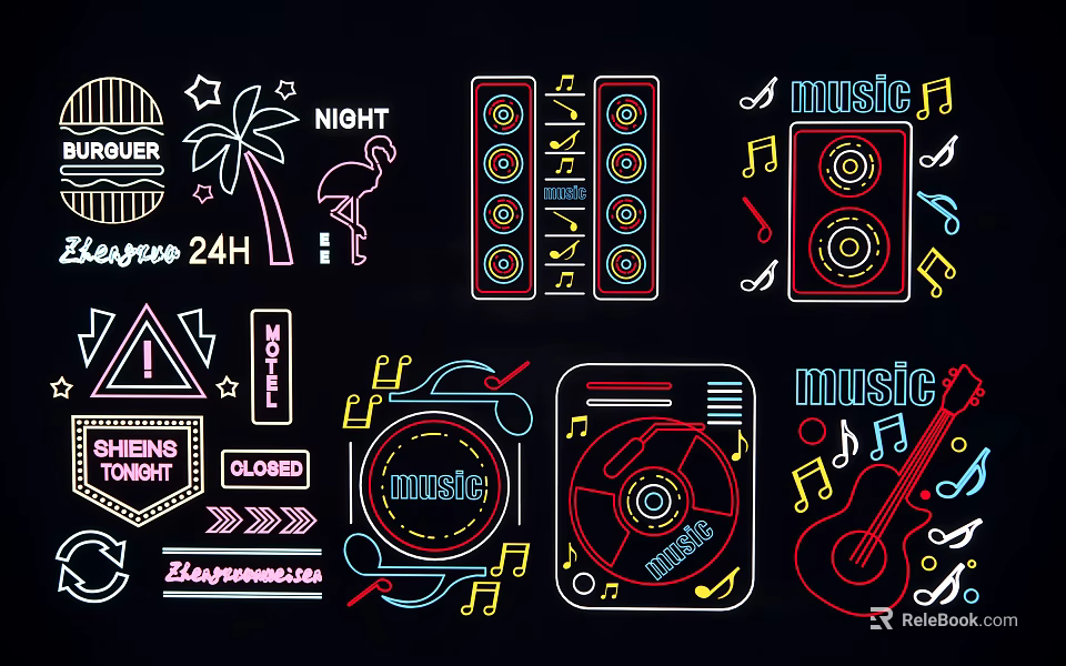 Neon Style Decorative Lights with Music Notes Guitar and Record Player Elements 3d model