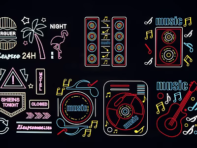 Neon Style Decorative Lights with Music Notes Guitar and Record Player Elements 3d model