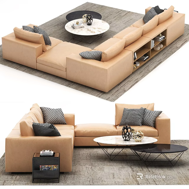 Modern Beige Sectional Sofa With Decorative Pillows And Coffee Table 3d model