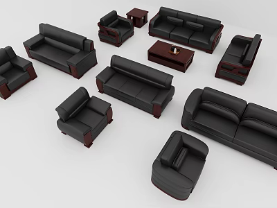 Black Sofa Set with Various Styles and Matching Wooden Accent Furniture for Living Room 3d model